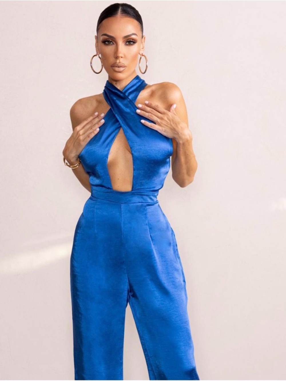 Blue Satin Cross-Front Jumpsuit